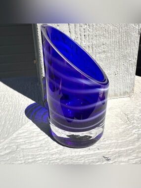 Vintage Fossheim Norway Cobalt Blue White Swirl Glass Vase Or Pen Pencil Holder
